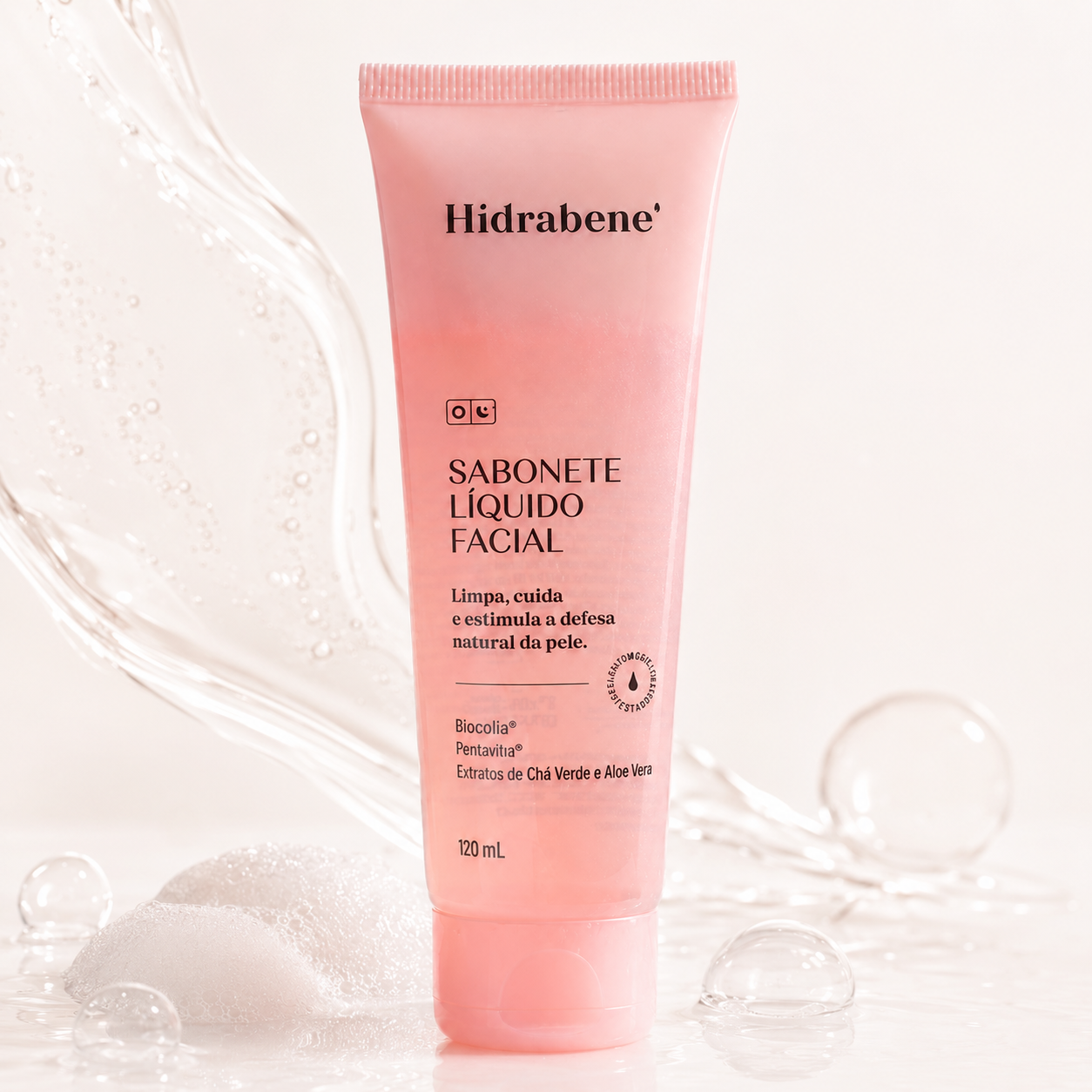 Sabonete Líquido Facial Hidrabene 120ml com respingos de água e espuma