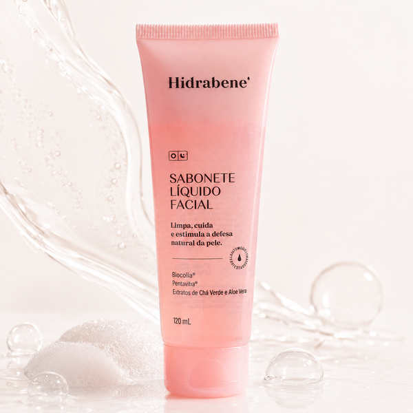 Sabonete Líquido Facial Hidrabene 120ml com respingos de água e espuma