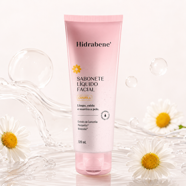 Sabonete Líquido Facial Camomila Hidrabene 120ml com flores de camomila ao redor