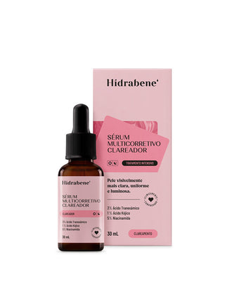 Frasco âmbar e caixa do Sérum Multicorretivo Clareador Hidrabene 30ml