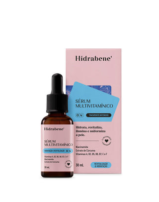 Frasco conta-gotas e caixa do Sérum Facial Multivitamínico Hidrabene 30ml em fundo branco