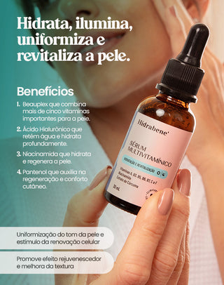 Card de benefícios do Sérum Facial Multivitamínico Hidrabene: Beauplex, ácido hialurônico, niacinamida e pantenol para hidratar, iluminar e uniformizar a pele