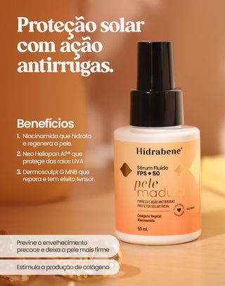 Benefícios do Protetor Solar Sérum FPS 50 Pele Madura Hidrabene: niacinamida, Neo Heliopan AP e Dermosculpt