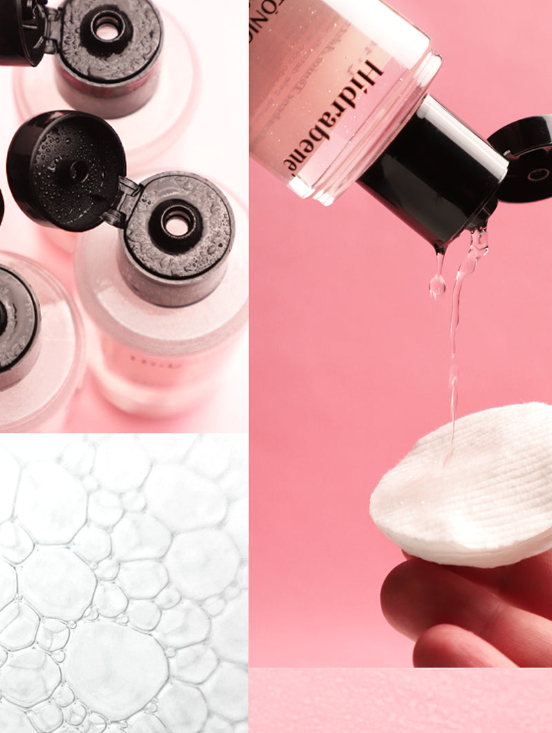 Frascos, textura e aplicação em algodão do Tônico Adstringente Facial Hidrabene