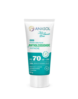 Protetor solar facial Anasol Todo Santo Dia Antioleosidade Antiacne FPS 70 40g em bisnaga verde-água