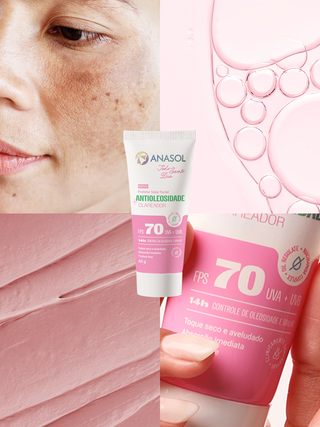 Colagem do protetor Anasol Todo Santo Dia Clareador FPS 70: pele com manchas, bolhas rosa, textura do creme e a bisnaga