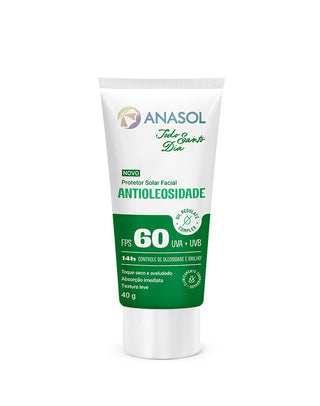 Protetor solar facial Anasol Todo Santo Dia Antioleosidade FPS 60 40g em bisnaga branca e verde
