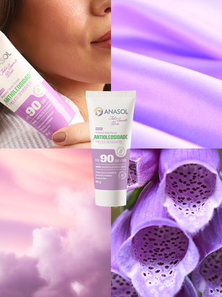 Colagem lilás com o protetor solar Anasol FPS 90 Peles Sensíveis, detalhe de pele, nuvens e flores