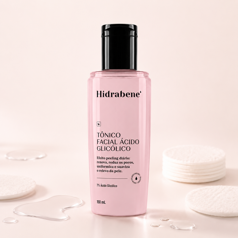 Tônico Facial Ácido Glicólico Hidrabene 150ml com discos de algodão