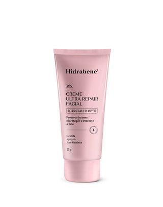 Bisnaga do Creme Ultra Repair Facial Hidrabene 60g em fundo branco, rótulo com ceramida, aquaporin e ácido hialurônico
