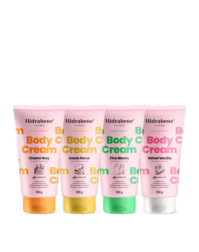 Kit 4 Body Cream Hidrabene 150g: Charm Way, Iconic Fame, Fine Bloom e Velvet Vanilla em fundo branco