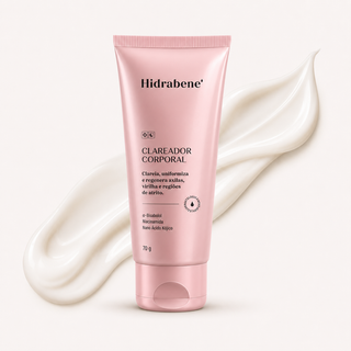 Bisnaga rosa do Creme Clareador Corporal Hidrabene 70g ao lado de uma textura cremosa branca