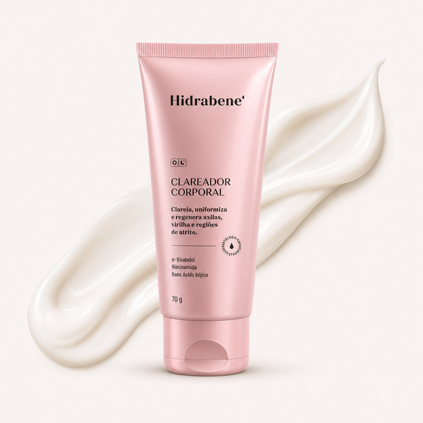 Bisnaga rosa do Creme Clareador Corporal Hidrabene 70g sobre textura de creme