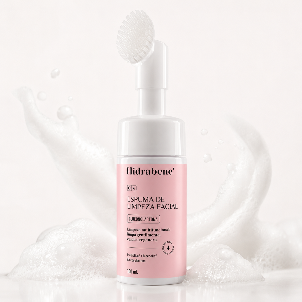 Espuma de Limpeza Facial Gluconolactona Hidrabene 100ml com escova aplicadora de silicone