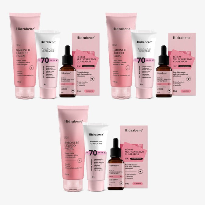 Os três produtos do kit: sabonete líquido facial, protetor FPS 70 clareador e sérum multicorretivo com a caixa