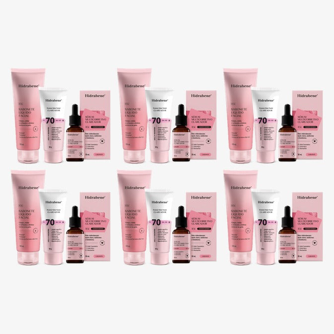 Os três produtos do kit: sabonete líquido facial, protetor FPS 70 clareador e sérum multicorretivo com a caixa