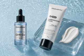 Sérum GHK-Cu na água azul e Harmonizador Facial sobre um bloco de vidro com o creme