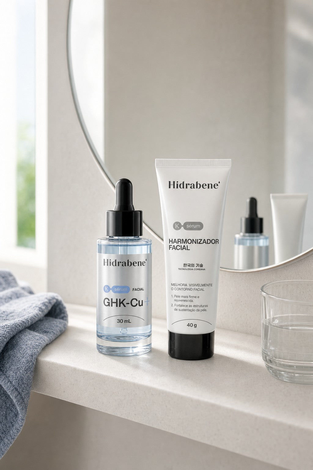 Sérum GHK-Cu e Harmonizador Facial numa prateleira de banheiro de manhã, diante do espelho