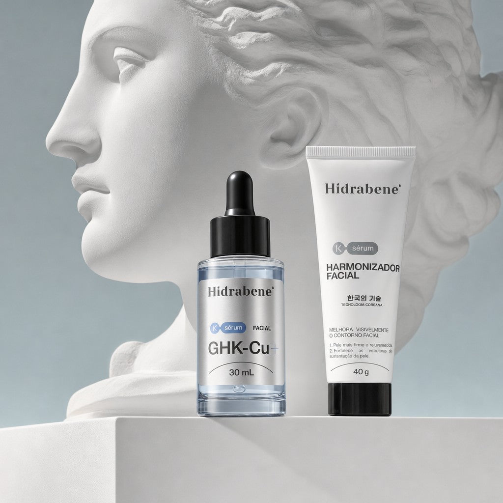 Sérum GHK-Cu e Harmonizador Facial diante de um busto de gesso de perfil
