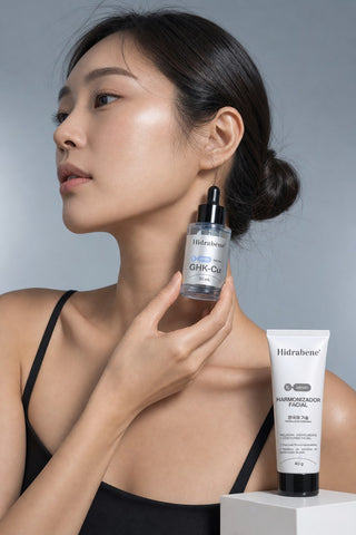 Mulher de perfil segurando o Sérum GHK-Cu perto do maxilar, com o Harmonizador Facial ao lado