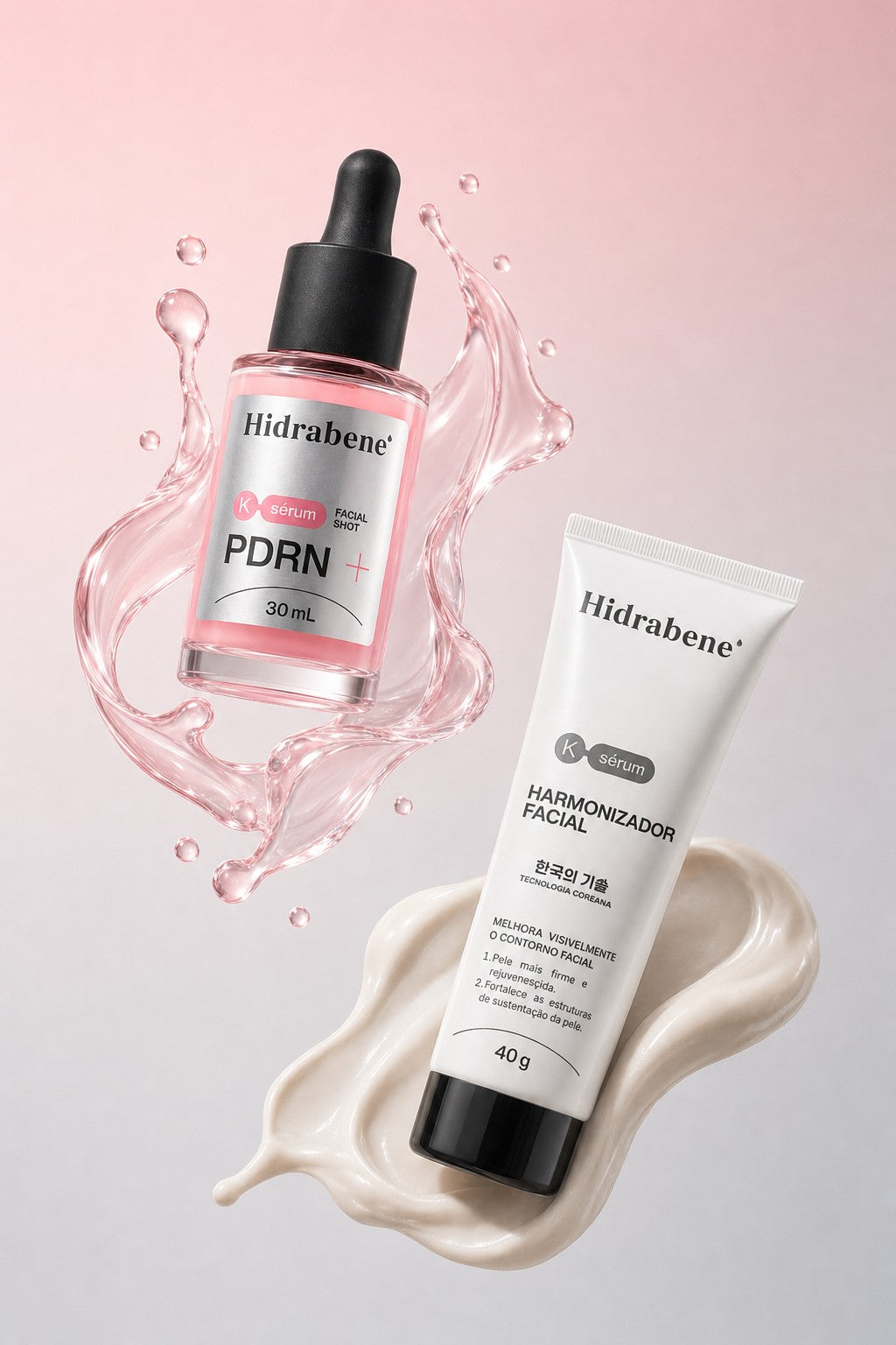 Sérum PDRN com respingo rosa e bisnaga do Harmonizador Facial sobre creme branco