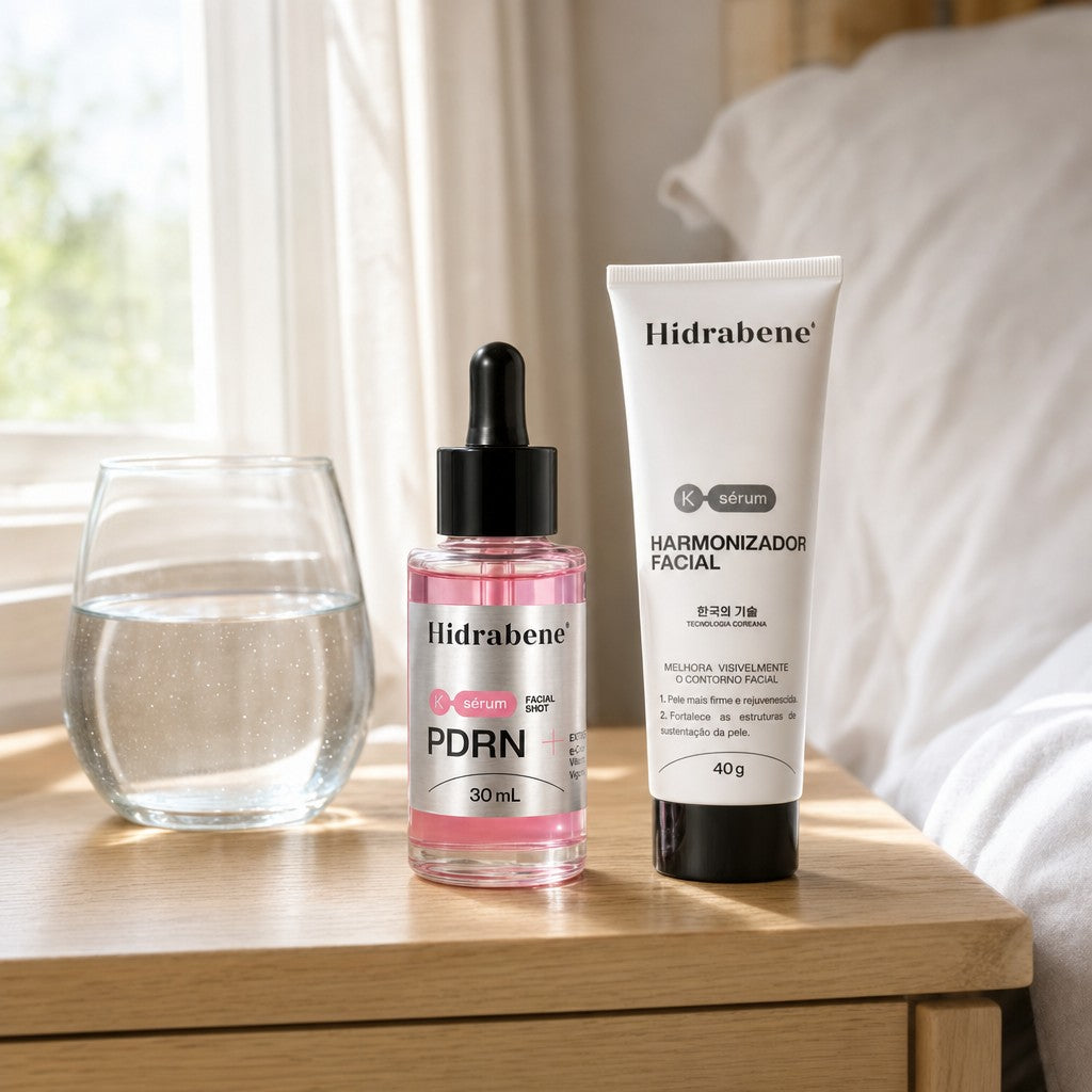 Sérum PDRN e Harmonizador Facial num criado-mudo de manhã, junto da janela