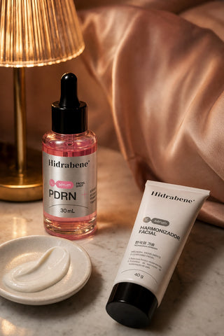 Sérum PDRN e Harmonizador Facial numa penteadeira à noite, com abajur e fronha de seda