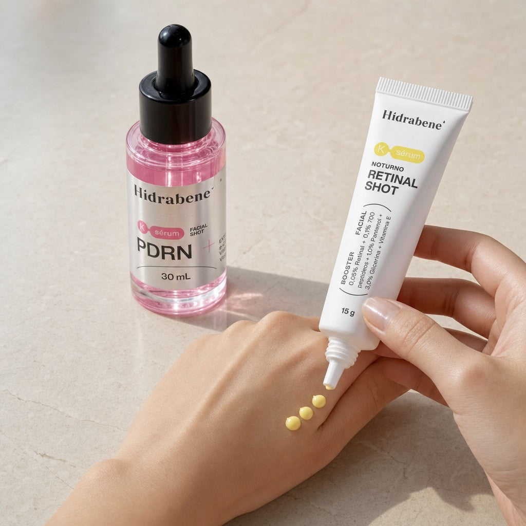 Creme amarelo do Retinal Shot testado no dorso da mão, com o Sérum PDRN na bancada