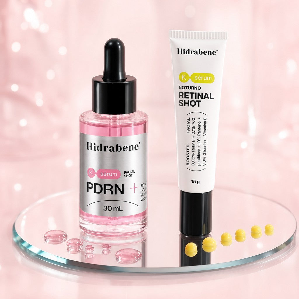 Sérum PDRN e Retinal Shot numa bandeja espelhada com gotas rosa e amarelas
