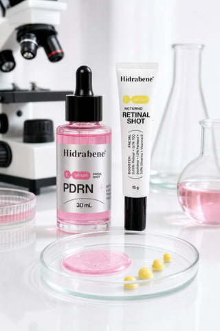 Sérum PDRN e Retinal Shot numa bancada de laboratório com placa de vidro e microscópio