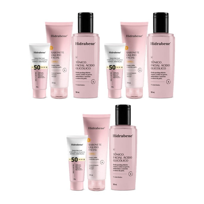 Os três produtos do kit: protetor solar FPS 50 ultraleve, sabonete líquido facial de camomila e tônico facial ácido glicólico