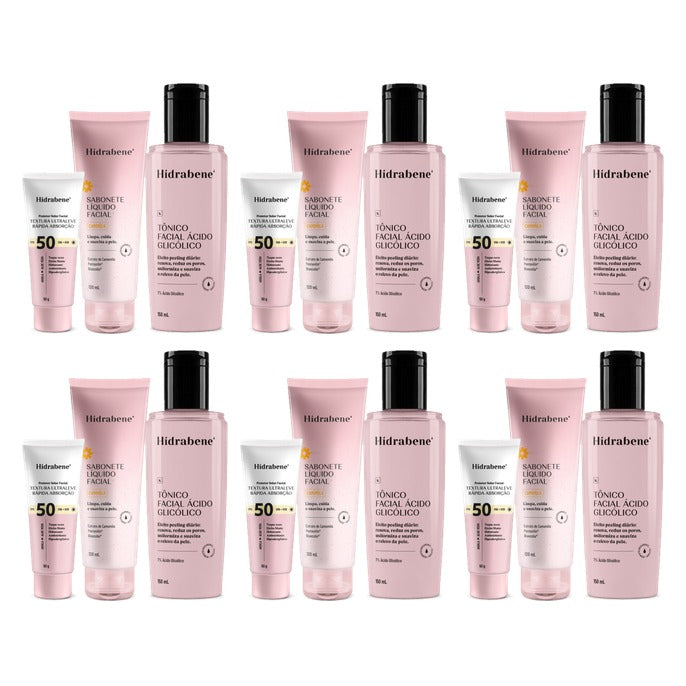 Os três produtos do kit: protetor solar FPS 50 ultraleve, sabonete líquido facial de camomila e tônico facial ácido glicólico