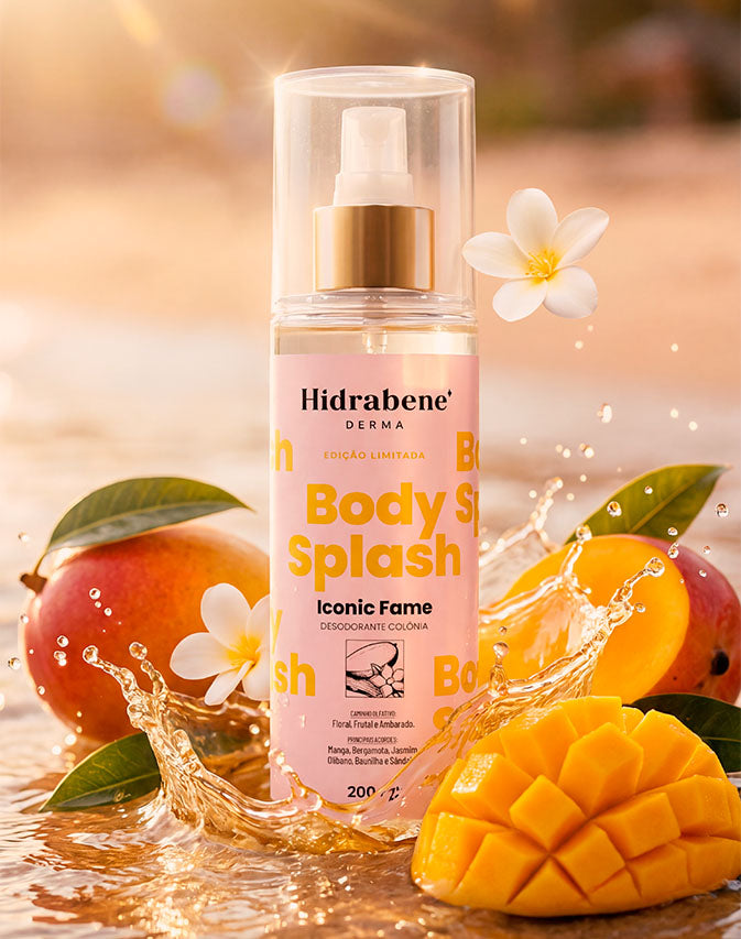 Body Splash Iconic Fame Hidrabene 200ml na praia com mangas, flores e respingo de água