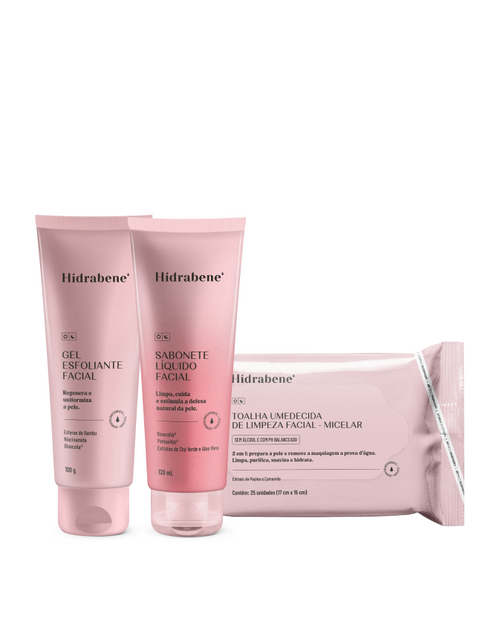 Kit Cuidado Diário Hidrabene: gel esfoliante facial, sabonete líquido facial e toalha umedecida micelar