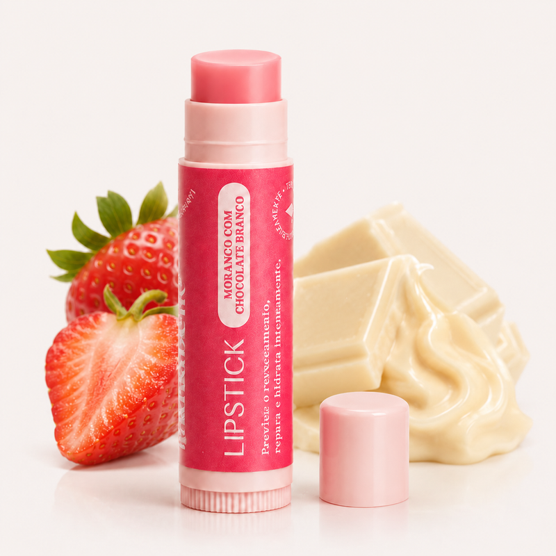 Lipstick Morango com Chocolate Branco Hidrabene 5g com morango e chocolate branco ao lado