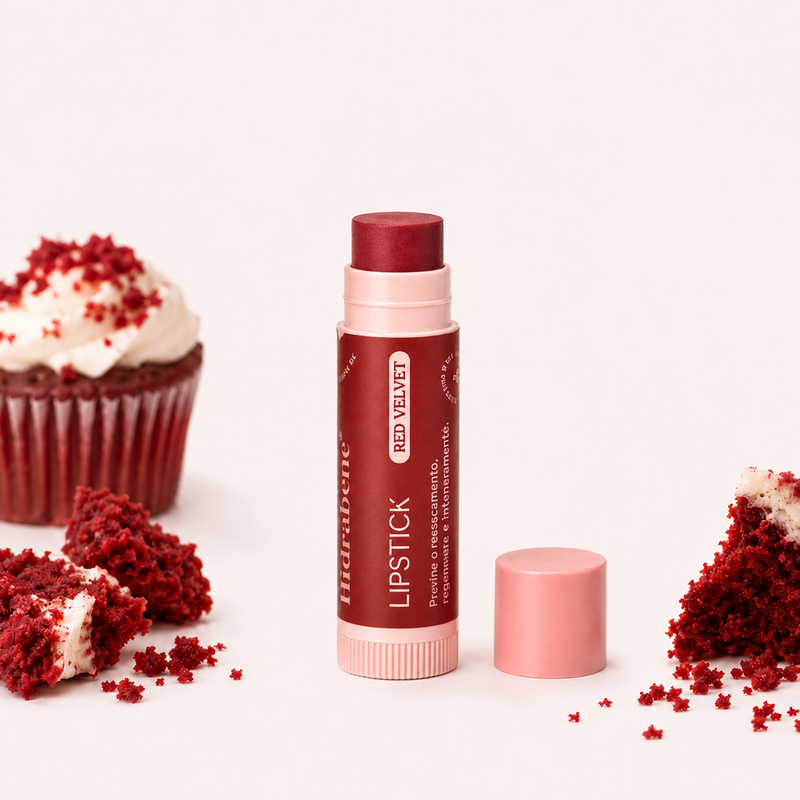 Lipstick Red Velvet Hidrabene 5g com cupcakes red velvet