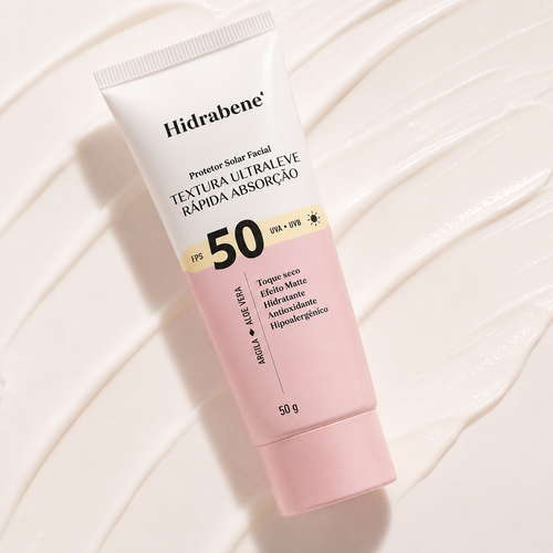 Protetor Solar Facial FPS 50 Ultraleve Hidrabene 50g sobre textura de creme