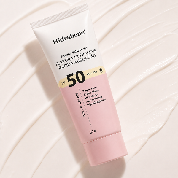 Protetor Solar Facial FPS 50 Ultraleve Hidrabene 50g sobre textura de creme