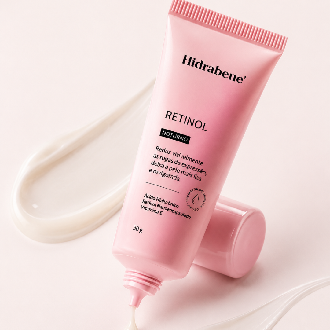 Creme Retinol Noturno Hidrabene 30g com a textura do produto ao fundo