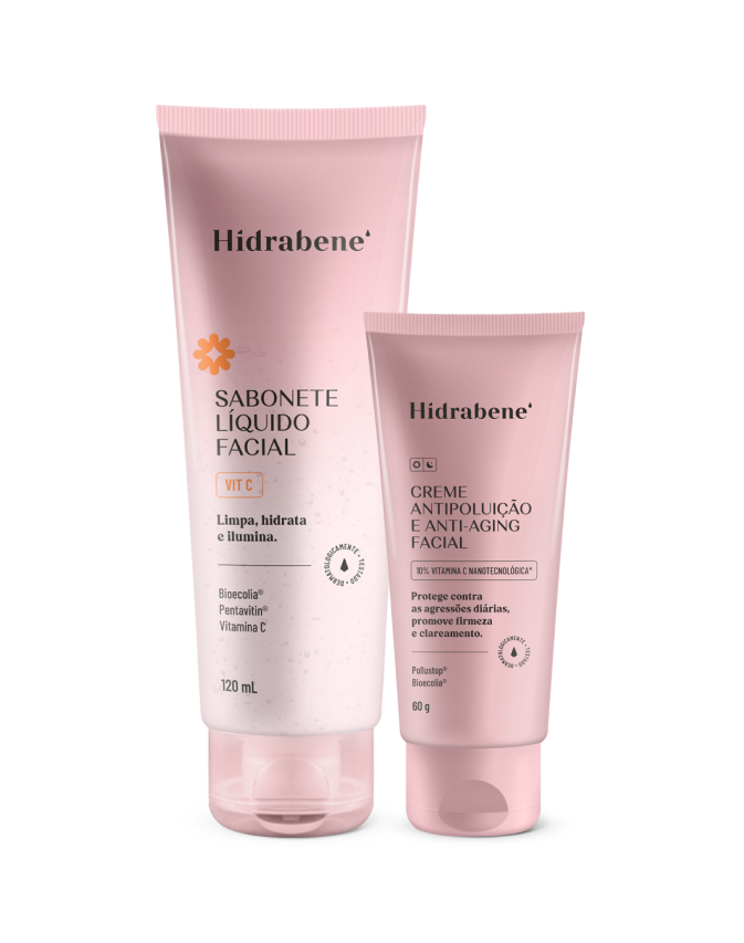 Sabonete Líquido Facial Vit C 120ml e Creme Antipoluição e Anti-Aging Facial 60g Hidrabene em fundo branco