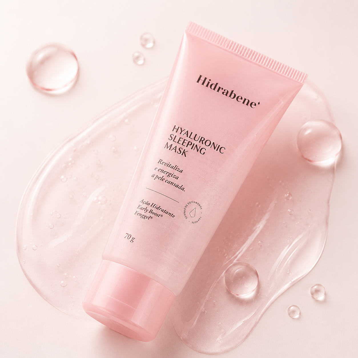 Hyaluronic Sleeping Mask Hidrabene 70g com gotas da textura em gel ao redor
