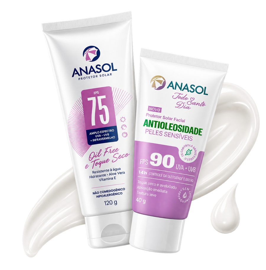As duas embalagens do kit sobre um respingo de creme: o corporal Anasol FPS 75 de 120 g e o facial Todo Santo Dia Peles Sensíveis FPS 90 de 40 g.
