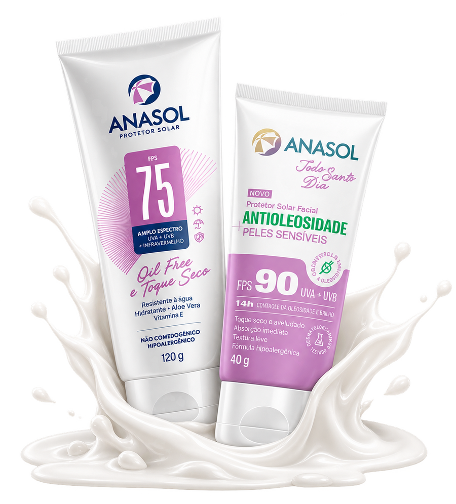 As duas embalagens do kit sobre um respingo de creme: o corporal Anasol FPS 75 de 120 g e o facial Todo Santo Dia Peles Sensíveis FPS 90 de 40 g.