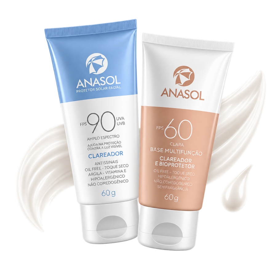 As duas bisnagas do kit: o protetor facial Clareador FPS 90 e a base multifunção FPS 60.