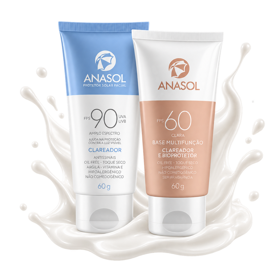 As duas bisnagas do kit: o protetor facial Clareador FPS 90 e a base multifunção FPS 60.