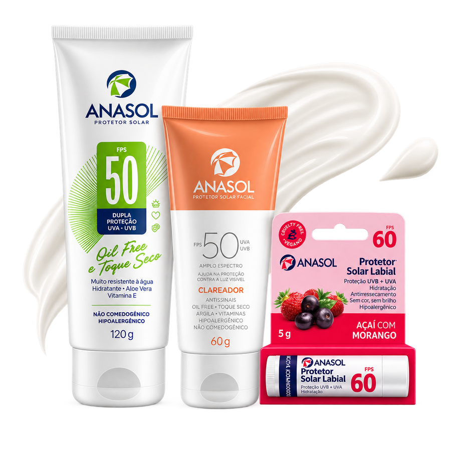 As três embalagens do kit: o corporal FPS 50 de 120 g, o facial Clareador FPS 50 de 60 g e o protetor labial FPS 60 de açaí com morango.