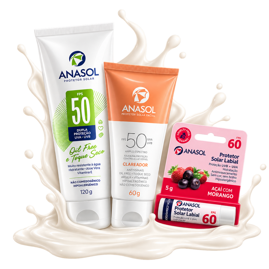 As três embalagens do kit: o corporal FPS 50 de 120 g, o facial Clareador FPS 50 de 60 g e o protetor labial FPS 60 de açaí com morango.